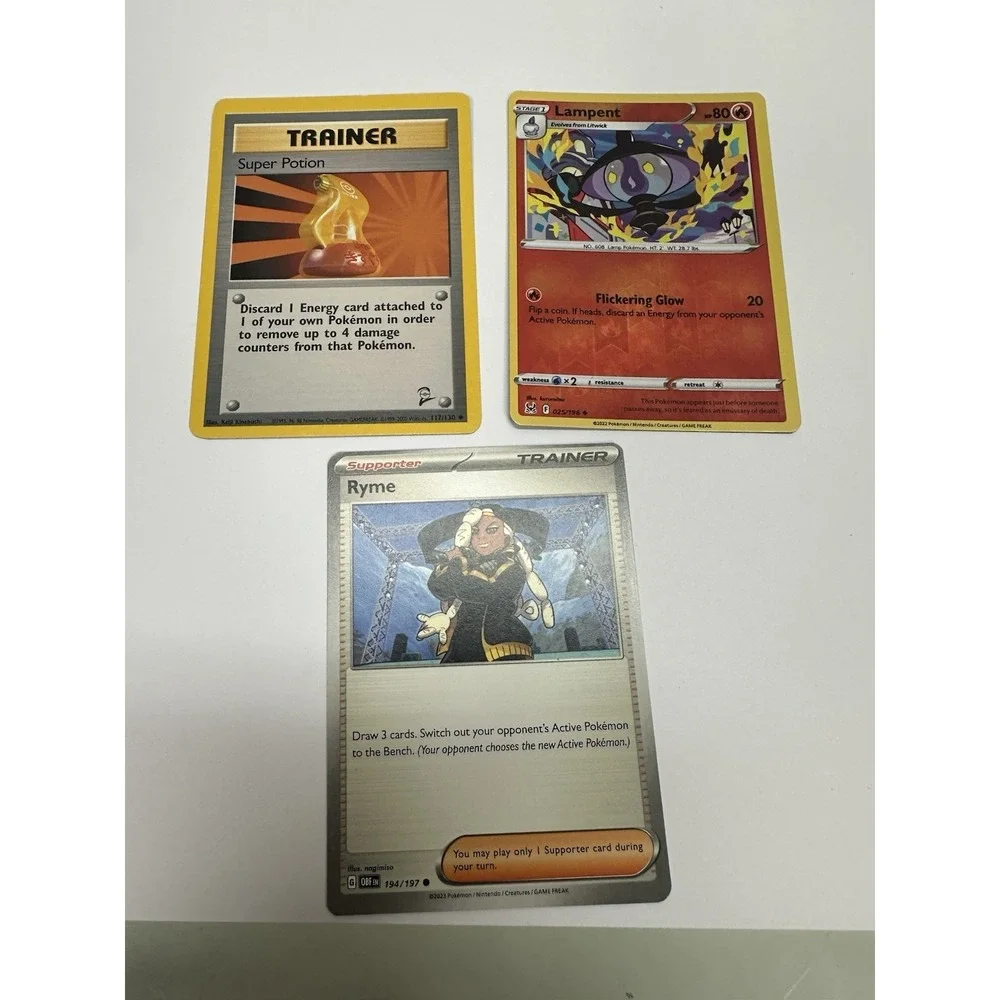 3 miscut / misprint pokemon cards ryme, super potion,‎ lampent, lp-dmg